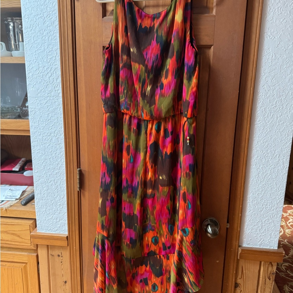 Ronni Nicole Sleeveless Maxi Dress in Pink, Orange and Olive Green Print
